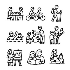 Family Hobby Icons. Outline icon set of family leisure and hobbies: board games, bicycle, hiking, swimming, gardening, music,