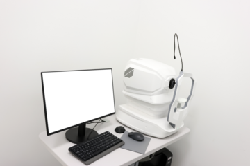 Modern autorefractor with monitor, keyboard, and mouse in a white clinical setting, used for automated eye measurements to determine refractive errors accurately.