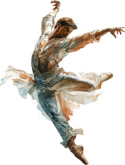 Graceful female ballet dancer in mid air leap with flowing costume against transparent background