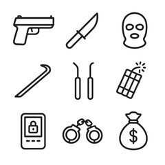 Fototapeta premium Crime Tool Icons. Outline icon set of crime tools: gun, knife, mask, crowbar, lockpick, explosive, hacking device, handcuffs, bag