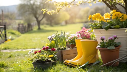 Sunny spring or summer garden with flowerpots and yellow boots gardening background