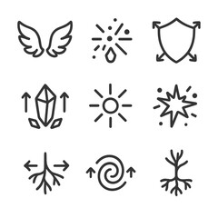 Fototapeta premium Fantasy Expansion Icons. Outline icon set of expansion fantasy: unfolding wings, spreading magic, expanding shield, growing