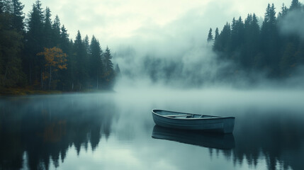 Obraz premium Tranquil scene featuring a solitary boat floating on a misty lake surrounded by dense evergreen trees, reflecting calmness and serenity in nature's embrace