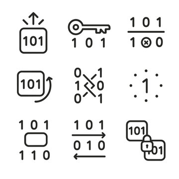 Cryptographic Icons Grid. Outline icon set of cryptographic bit operations: random bit generator, key bit fragment, bitwise XOR