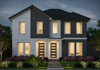 Exterior view of a modern duplex at twilight