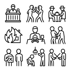 Revenge Icon Set. Outline icon set of revenge scenarios: courtroom, alley fight, secret meeting, duel, fire outbreak, poisoning,
