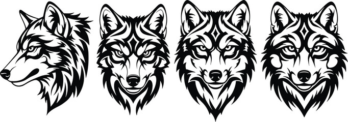 Wolf head illustration, tribal tattoo vector, animal face drawing, black and white sketch, wild beast art, predator symbol design