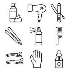 Hair Styling Tools. Outline icon set of hair styling routine: mousse, hairdryer, curling iron, flat iron,