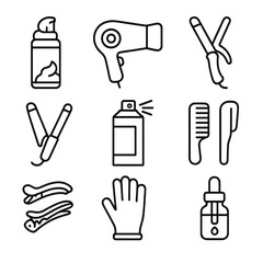 Hair Styling Tools. Outline icon set of hair styling routine: mousse, hairdryer, curling iron, flat iron,