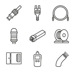 Fiber Optic Icons. Outline icon set of fiber optic cables: single-mode fiber connector, multimode fiber connector, fiber patch