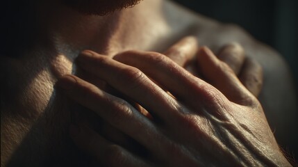 Close-up of gentle hands softly hugging oneself over the chest, warm light, soft focus, conveying tender self-compassion, hyper-realistic, cinematic depth 