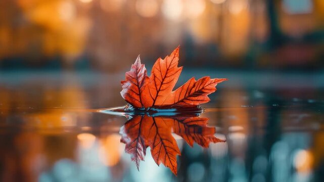 Autumn leaf floating on calm water with vibrant orange colors and clear reflection creating peaceful serene nature seasonal scene with floating leaf and calm water reflection