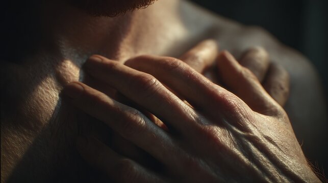 Close-up of gentle hands softly hugging oneself over the chest, warm light, soft focus, conveying tender self-compassion, hyper-realistic, cinematic depth 