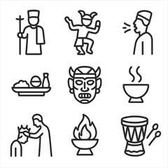 Royal Ceremony Icons. Outline icon set of royal burial ceremony: priest figure, ritual dance, sacred chant, offering tray,