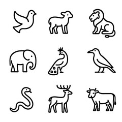 Sacred Animal Icons. Outline icon set of sacred animals: dove, lamb, lion, elephant, peacock, raven, snake, deer, sacred cow. Line