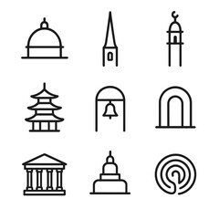 Obraz premium Sacred Architecture Icons. Outline icon set of sacred architecture: dome, spire, minaret, pagoda, bell tower, arched gate,