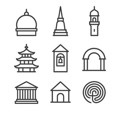 Fototapeta premium Sacred Architecture Icons. Outline icon set of sacred architecture: dome, spire, minaret, pagoda, bell tower, arched gate,