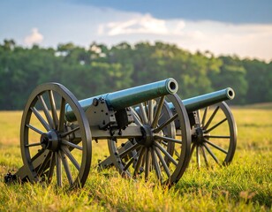 Canons in a field under a cloudy sky