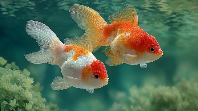 Goldfish swim nearby in an aquarium