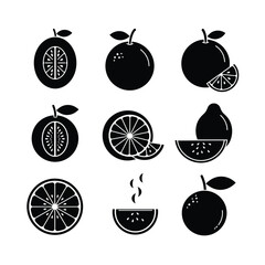 Collection of orange fruit icons isolated on white background, a set of healthy and refreshing tropical citrus fruits with sweet and juicy flavor