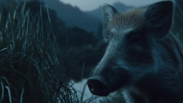 Close Up of a Wild Boar Amidst Tall Grass Under Dim Lighting in a Natural Habitat Featuring Greenery and a Serene Pond at Dusk