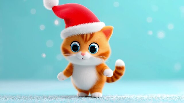 Cute, funny, cheerful cartoon kitten in Santa hat talking, meowing on blue background