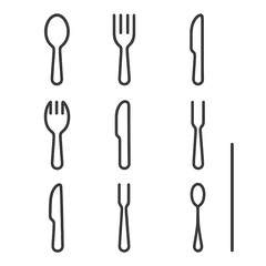 Cutlery Icons Grid. Outline icon set of cutlery pieces: spoon, fork, knife, spork, butter spreader, carving fork, fish knife,