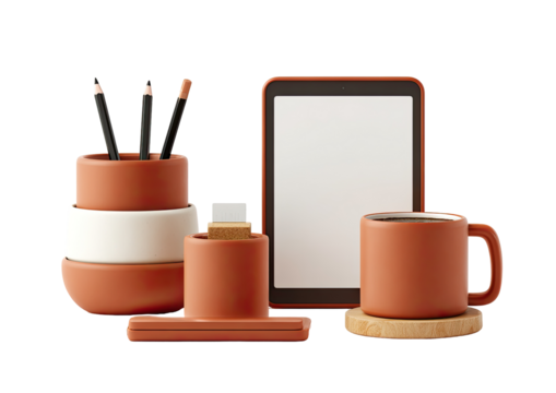 Terracotta-toned desk accessories, including a pencil holder, tablet, coffee cup, and coaster