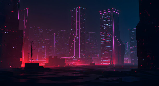 Neon city lights cityscape futuristic architecture urban skyline glowing buildings at night digital art
