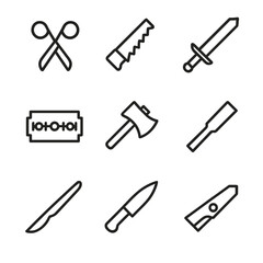 Obraz premium Cutting Tools Icons. Outline icon set of cutting edges and tools: scissors blade, saw teeth, sword edge, razor blade, axe blade,