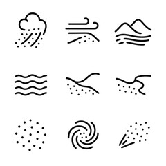 Fototapeta premium Sand Motion Icons. Outline icon set of sand erosion and movement: sandstorm, wind blowing sand, shifting dunes, sand ripple effect