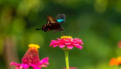 Fototapeta premium Vivid Butterfly Perched on Pink Zinnia with Turquoise Wing Detail and Green Background