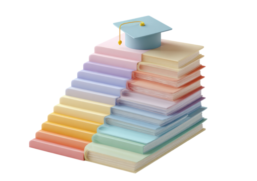 Colorful books stacked as a staircase, topped with a graduation cap - Powered by Adobe