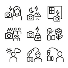 Flash Photography Icons. Outline icon set of flash photography scenes: portrait with flash, night flash, indoor flash, outdoor