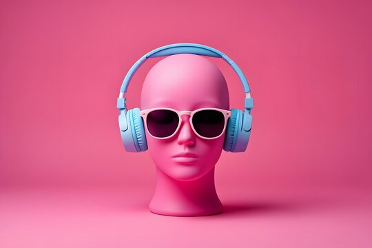Pink Head Bust with Sunglasses and Headphones - Conceptual Portrait - Powered by Adobe