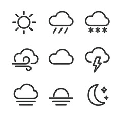 Scenic Weather Icons. Outline icon set of scenic weather conditions: sunny, rainy, snowy, windy, cloudy, stormy, foggy, sunset,