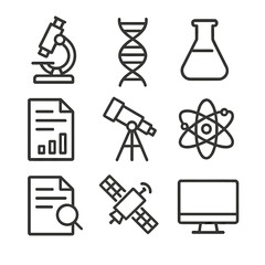 Scientific Icons Grid. Outline icon set of scientific mission brief: microscope, DNA strand, lab flask, data sheet, telescope,