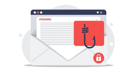 Phishing email warning graphic flat illustration of online security risk simple email template with red hook icon for cybersecurity awareness safe internet communication