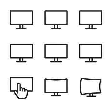 Screen Type Icons. Outline icon set of screen types by technology: LCD, OLED, LED, Retina, AMOLED, E-ink, touchscreen, curved