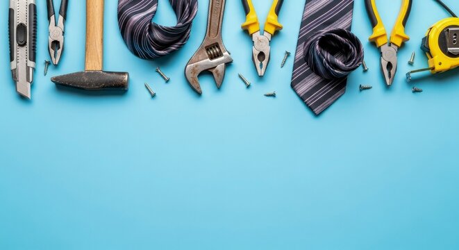 Tools and ties arranged on a blue surface including a hammer pliers wrench tape measure utility knife and screws