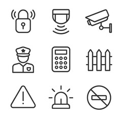 Fototapeta premium Security Alarm Icons. Outline icon set of security alarms: padlock alarm, motion sensor, surveillance camera, security guard,