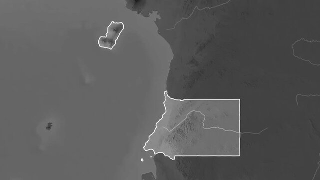 Equatorial Guinea on the map. Zoom and highlight of the area on a grayscale map.