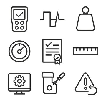 Sensor Calibration Icon Set. Outline icon set of sensor calibration tools: calibration device, test signal, reference standard,