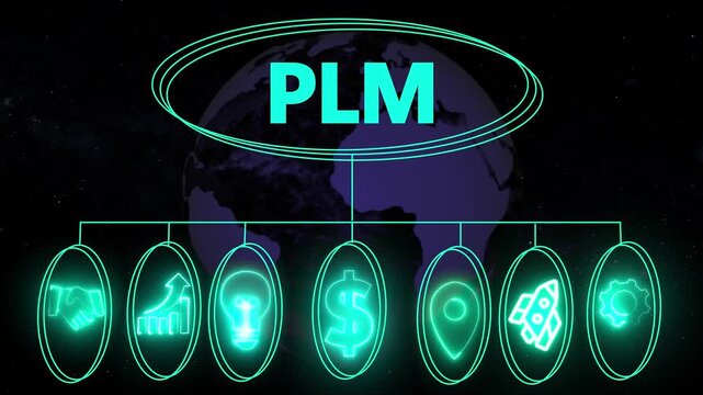 PLM Product lifecycle management system technology concept. Technology, business insights from large data sets. Animated data analytics banner web icons isolated on transparent background