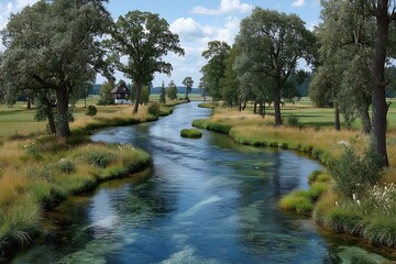 River flowing peacefully through green meadow high resolution picture