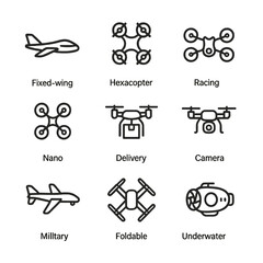 Outline Icon Sets. Outline icon set of drone types and designs: fixed-wing drone, hexacopter, racing drone, nano drone, delivery