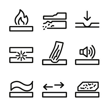 Friction Effect Icons. Outline icon set of friction effects: heat generation, wear and tear, energy loss, spark creation, abrasion