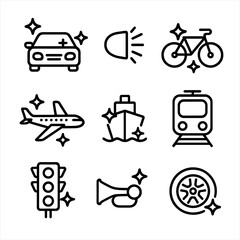 Shining Transportation Icons. Outline icon set of shine in transportation: shining car, glowing headlight, polished bike, radiant