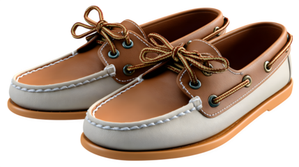 Pair of casual boat shoes diagonally placed, transparent background,