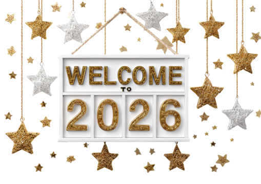 A white framed sign, displaying "WELCOME TO 2026" in gold lettering, hangs amidst a flurry of gold and silver stars